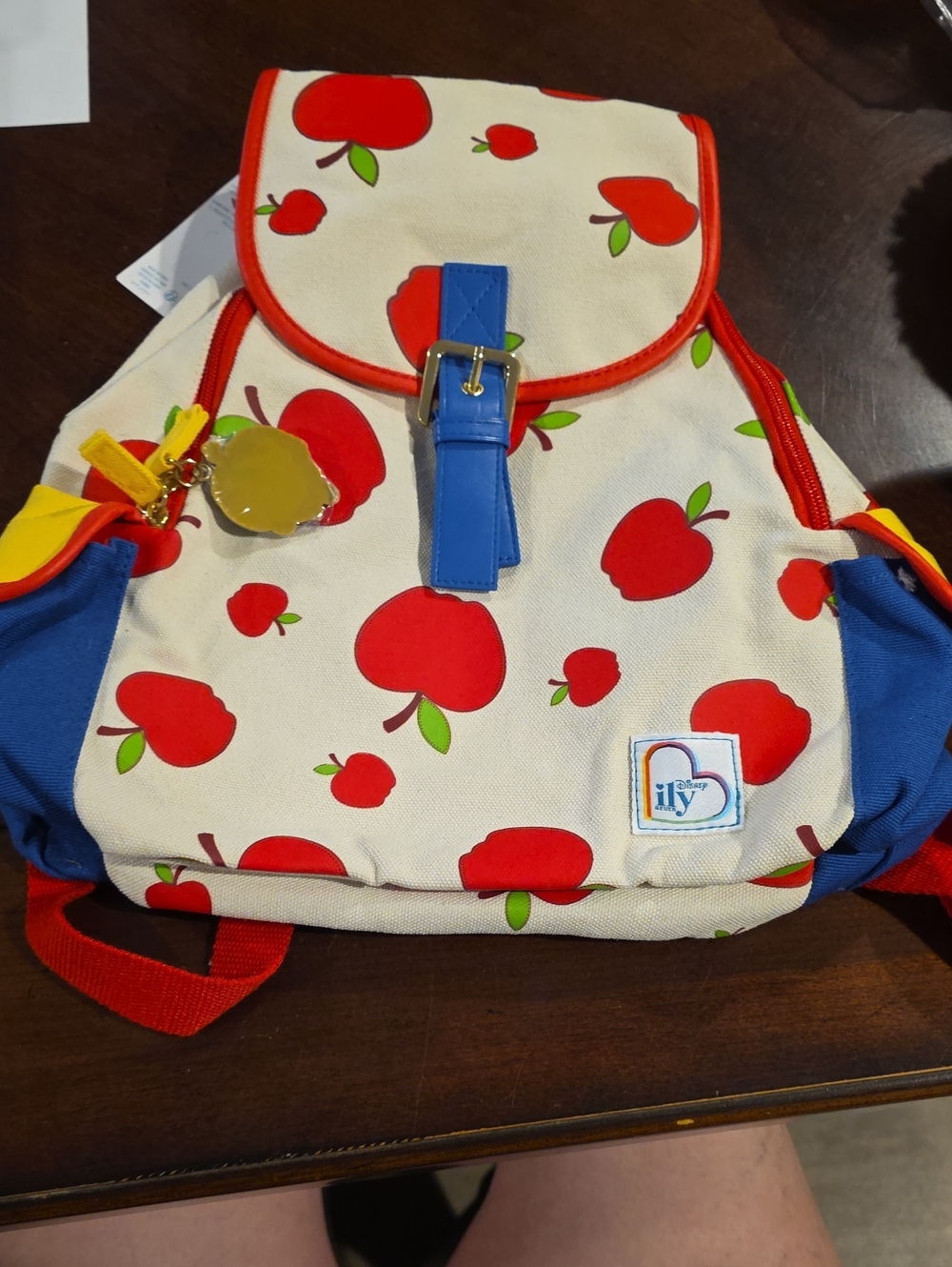 (J51) Disney Cream Backpack with Red Apple Print and Blue Strap
